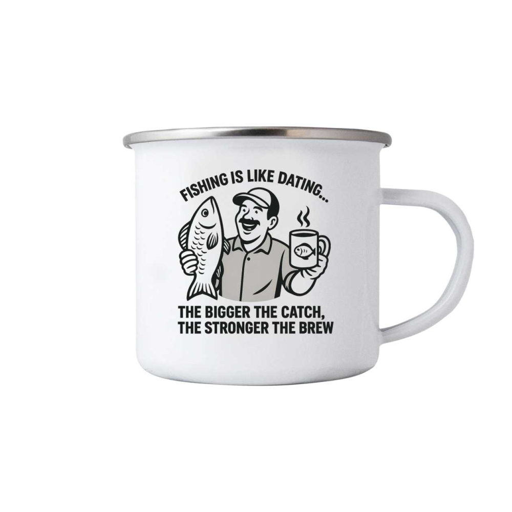 Bílý plechový hrnek 380ml s obrázkem - fishing is like dating