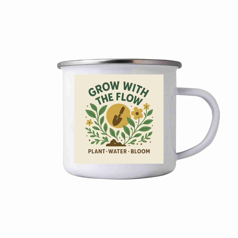 Bílý plechový hrnek 380ml s obrázkem - grow with the flow