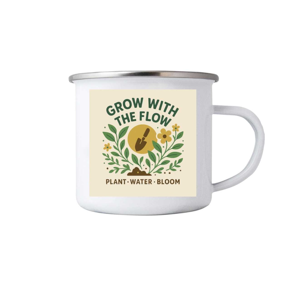 Bílý plechový hrnek 380ml s obrázkem - grow with the flow