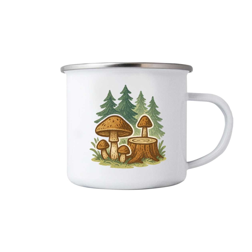 Bílý plechový hrnek 380ml s obrázkem - houby v lese
