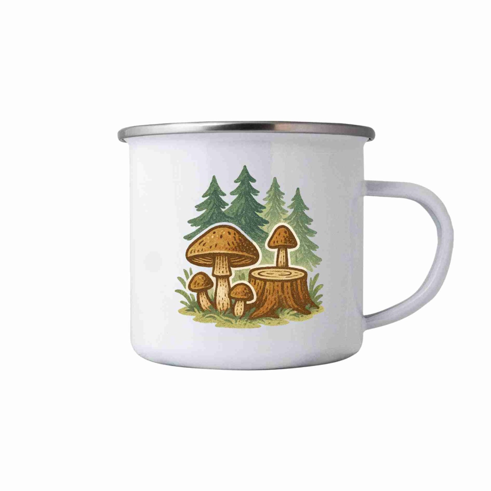 Bílý plechový hrnek 380ml s obrázkem - houby v lese