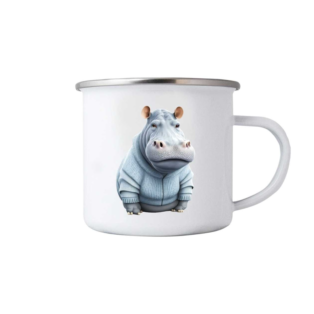 Bílý plechový hrnek 380ml s obrázkem - hroch v mikině