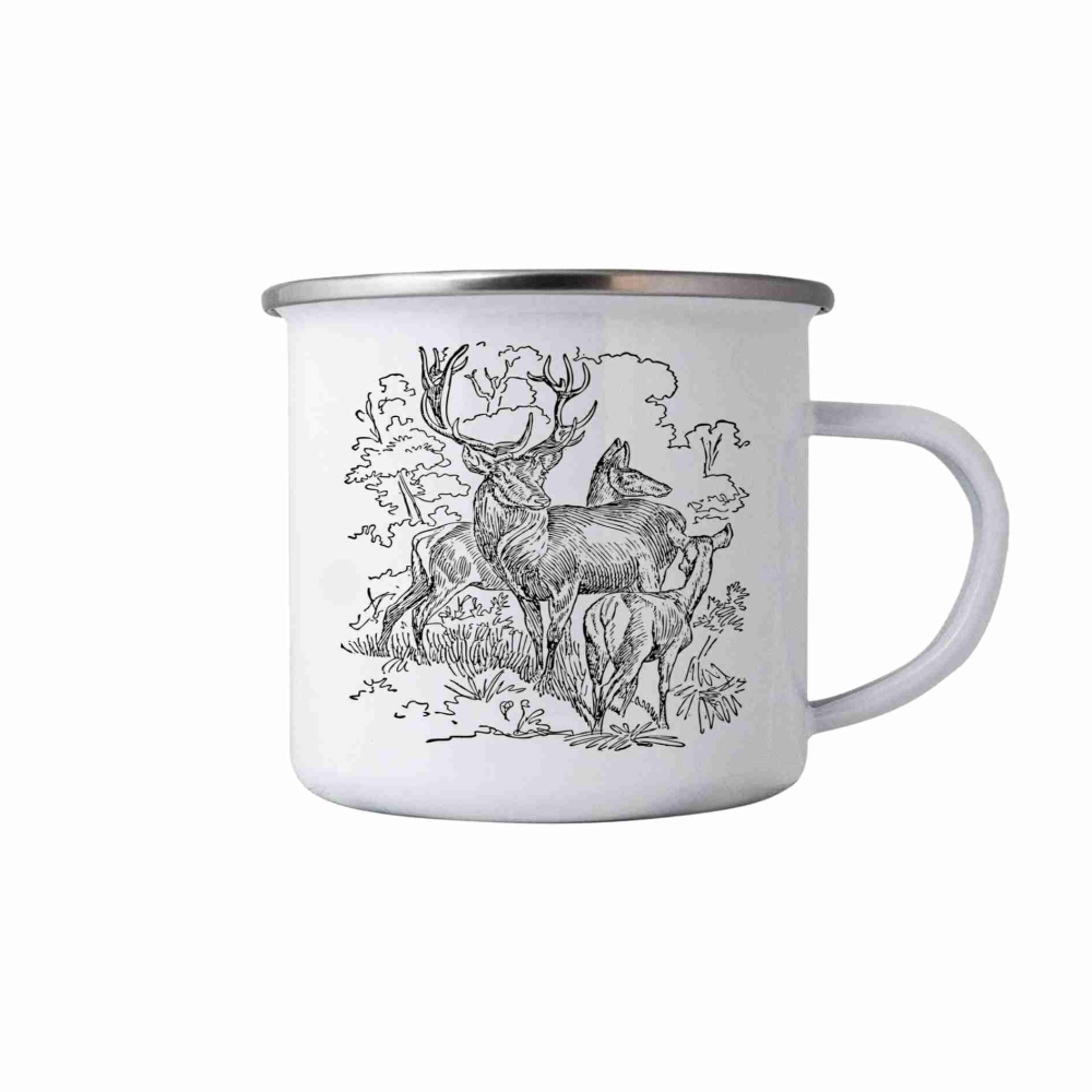 Bílý plechový hrnek 380ml s obrázkem - jelení rodina