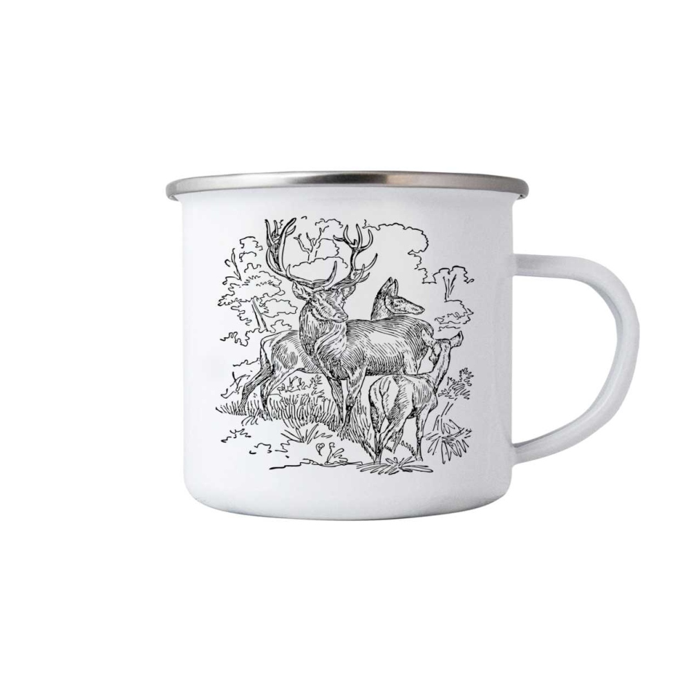 Bílý plechový hrnek 380ml s obrázkem - jelení rodina