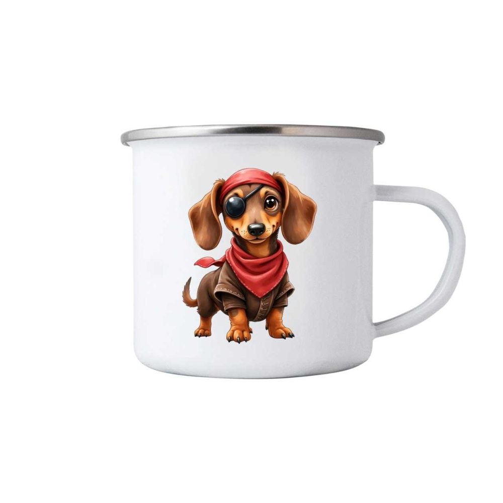 Bílý plechový hrnek 380ml s obrázkem - jezevčík pirát