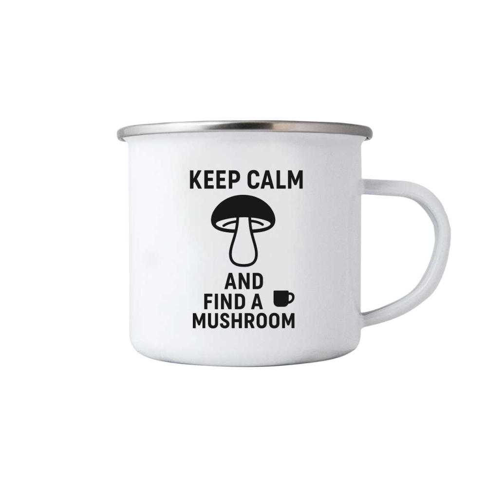 Bílý plechový hrnek 380ml s obrázkem - keep calm mushroom