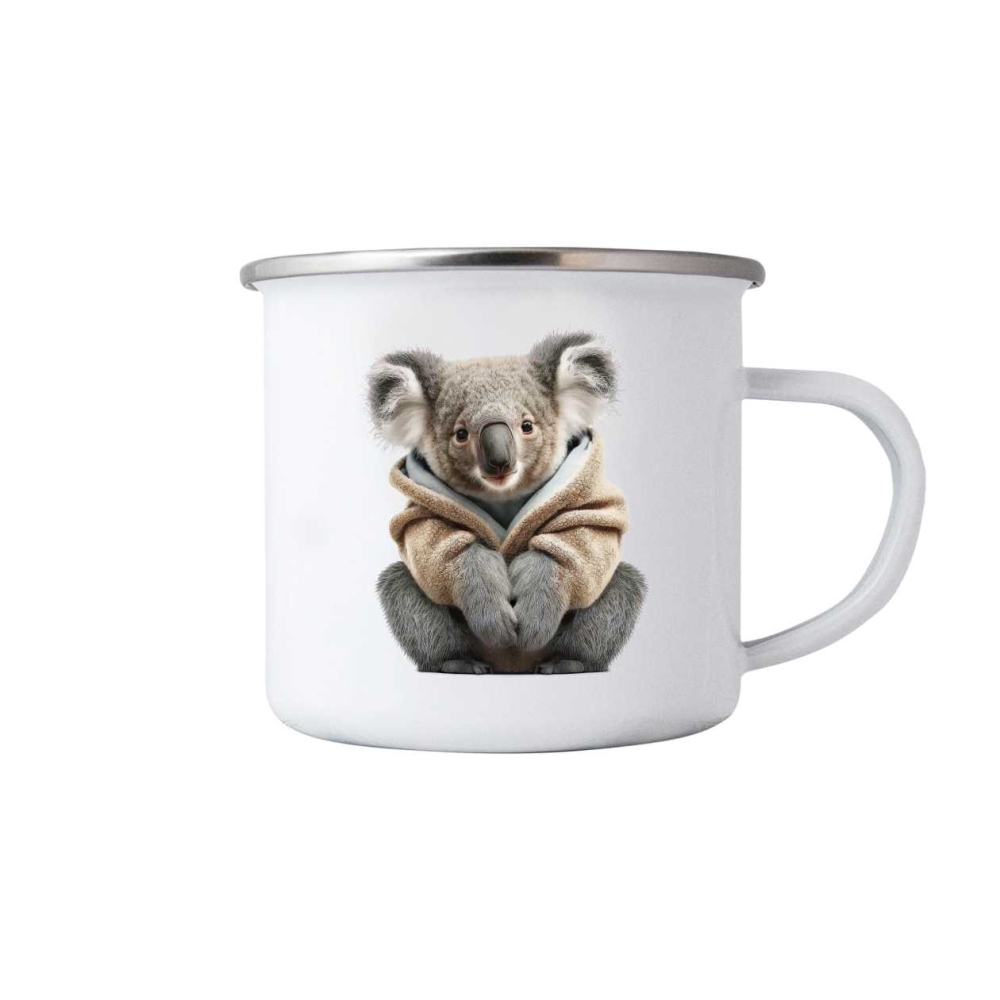 Bílý plechový hrnek 380ml s obrázkem - koala v mikině