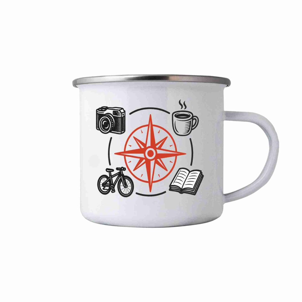 Bílý plechový hrnek 380ml s obrázkem - kompas a koníčky