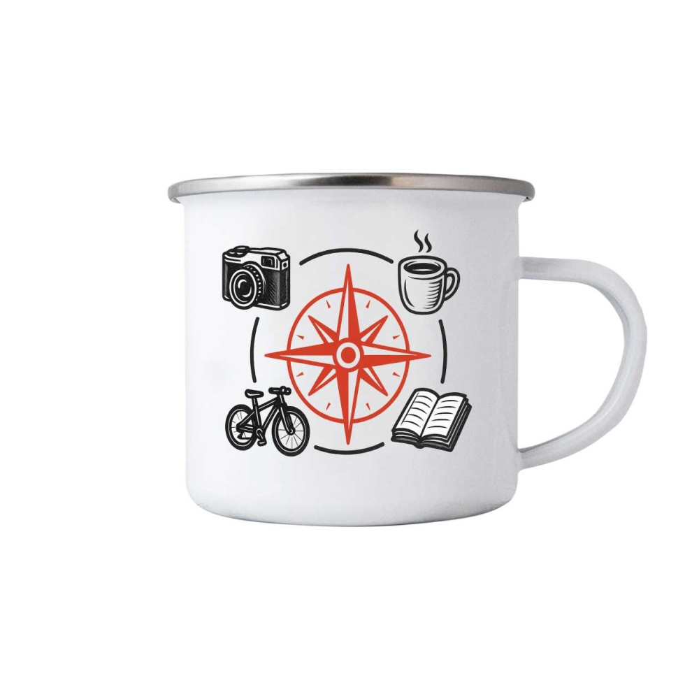Bílý plechový hrnek 380ml s obrázkem - kompas a koníčky