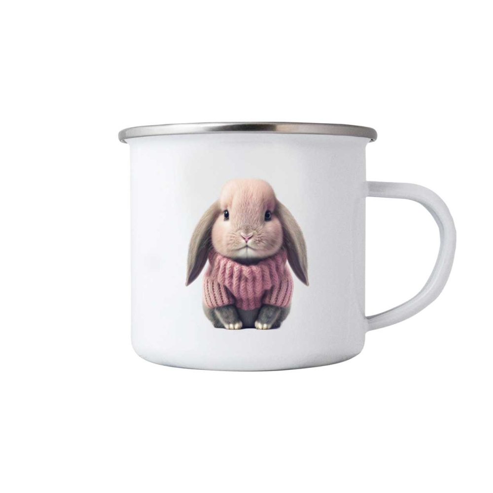 Bílý plechový hrnek 380ml s obrázkem - králíček ve svetru