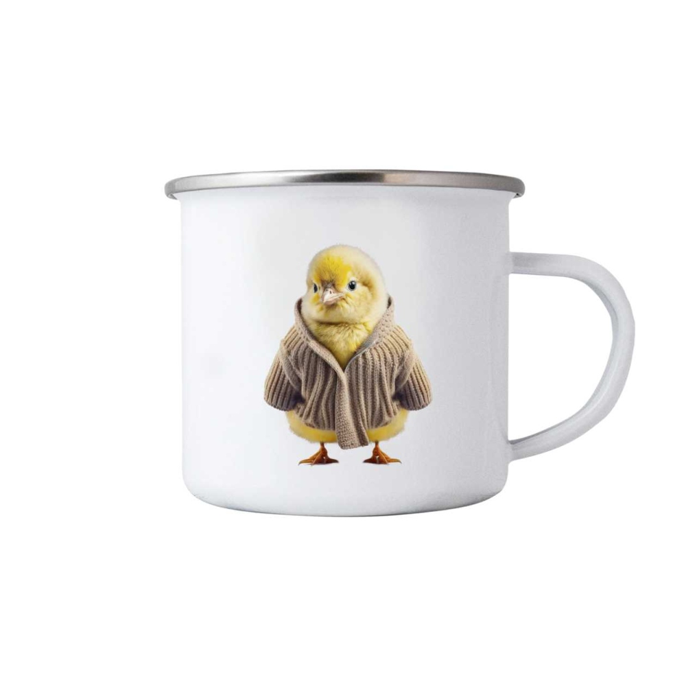 Bílý plechový hrnek 380ml s obrázkem - kuře ve svetru