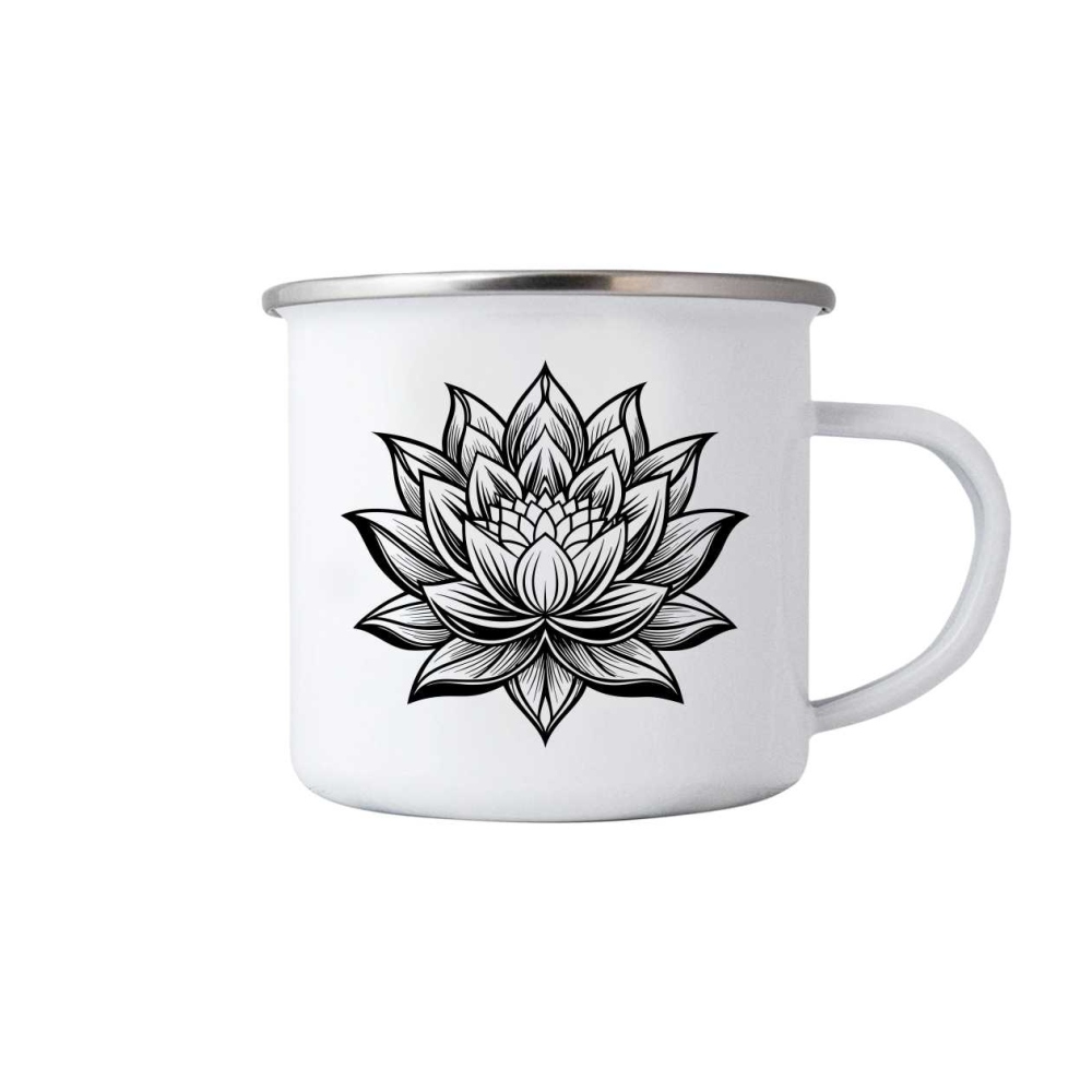 Bílý plechový hrnek 380ml s obrázkem - květ lotosu