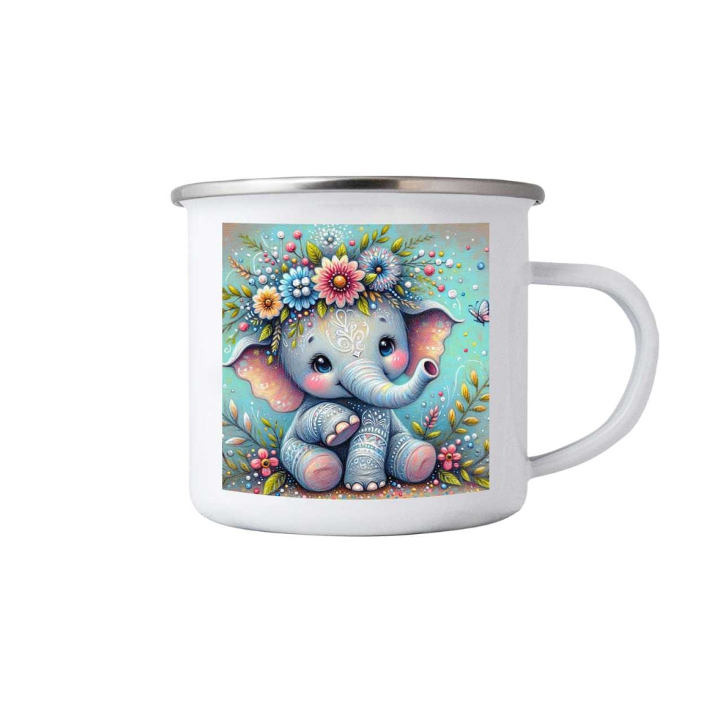 Bílý plechový hrnek 380ml s obrázkem - květinový sloník