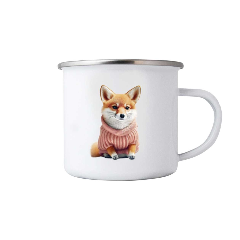 Bílý plechový hrnek 380ml s obrázkem - liška ve svetru