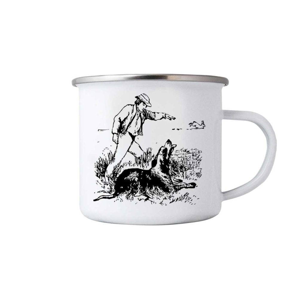 Bílý plechový hrnek 380ml s obrázkem - lovec a pes