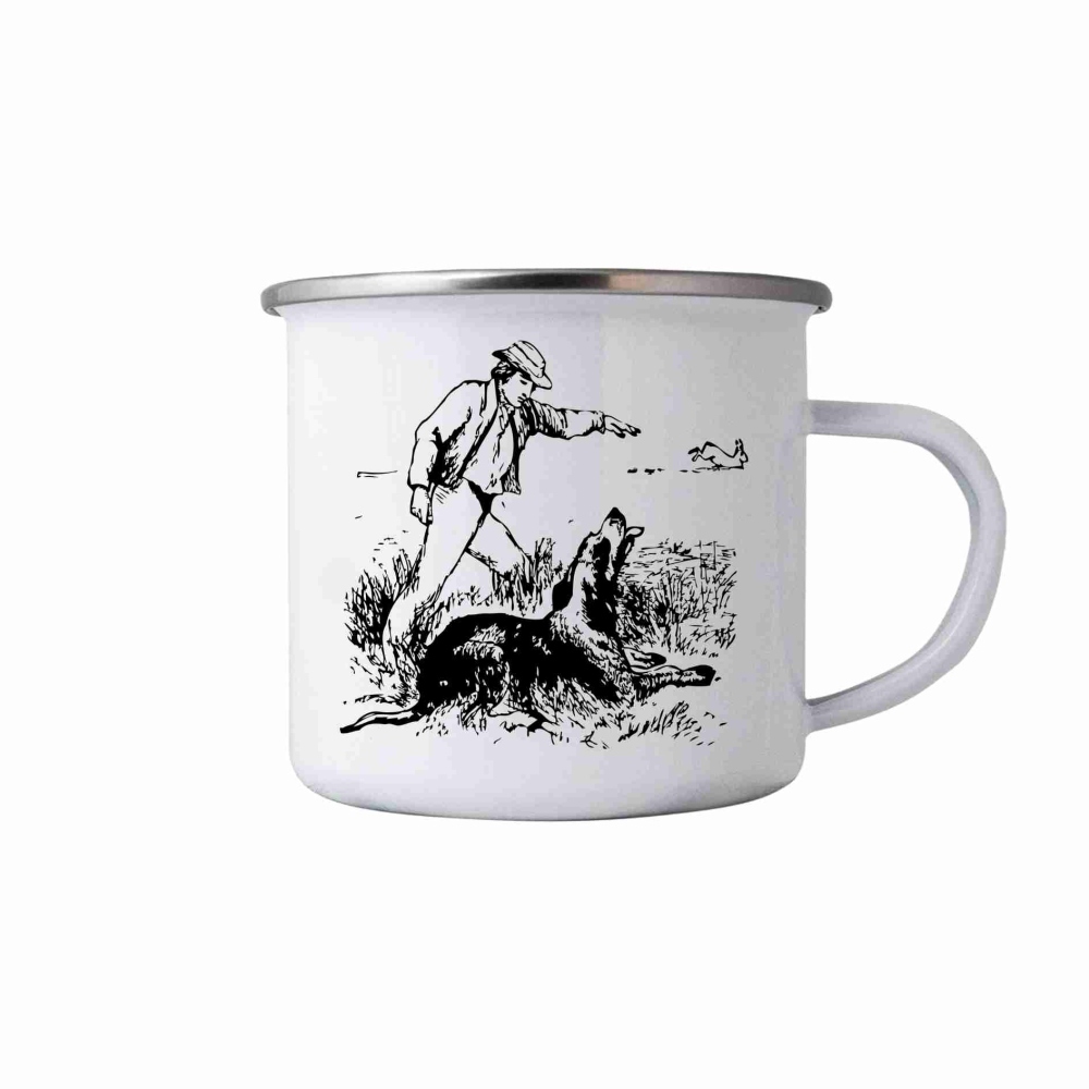 Bílý plechový hrnek 380ml s obrázkem - lovec a pes
