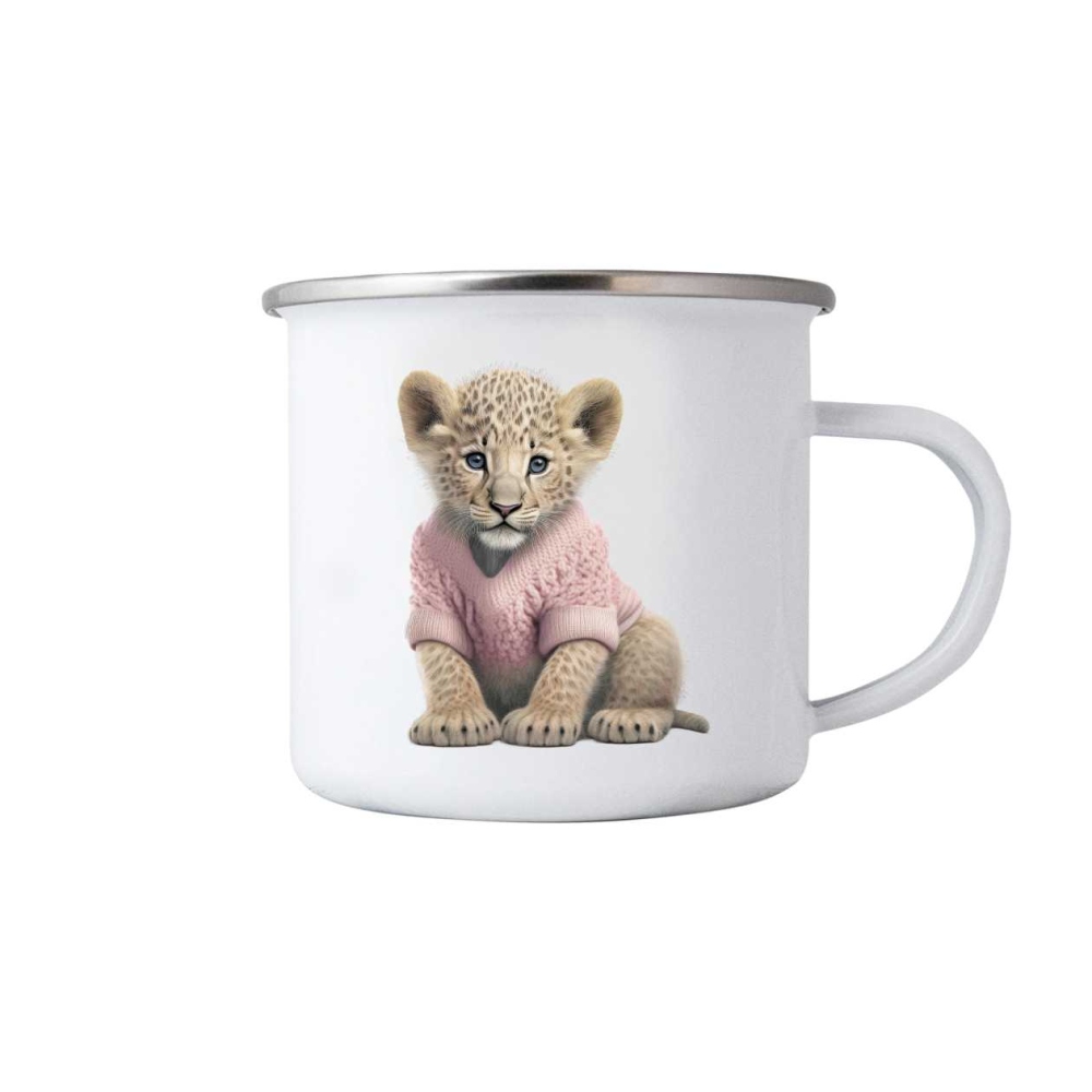 Bílý plechový hrnek 380ml s obrázkem - lvíče ve svetru