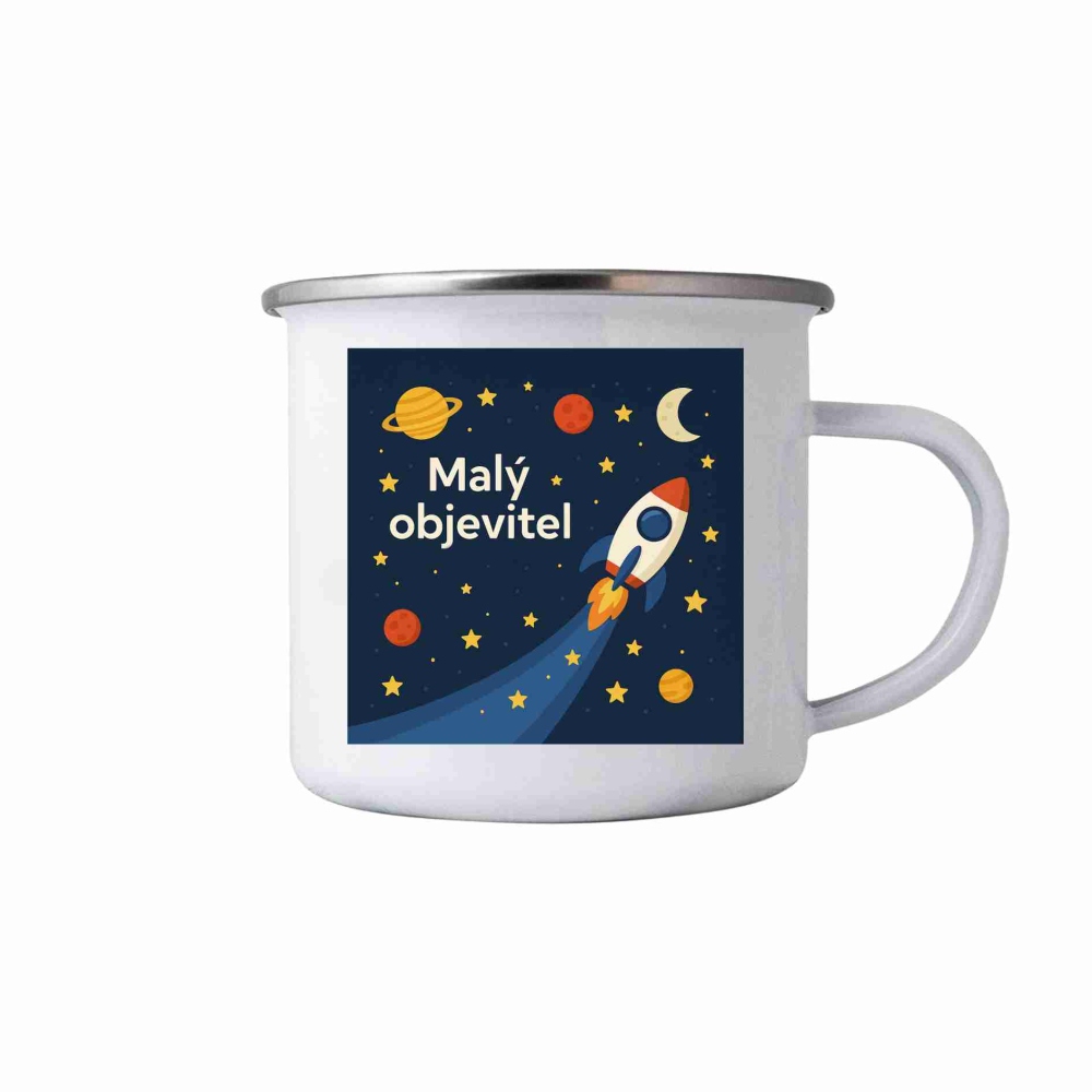 Bílý plechový hrnek 380ml s obrázkem - malý objevitel