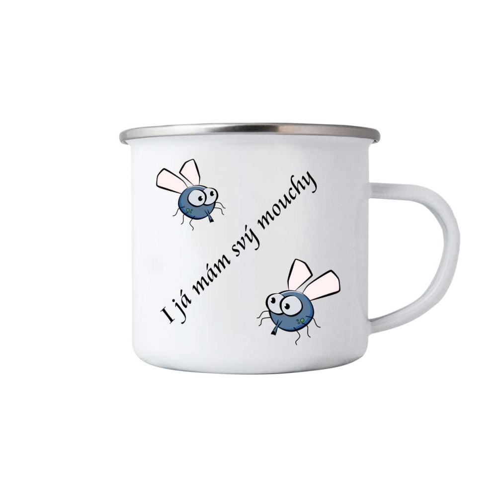 Bílý plechový hrnek 380ml s obrázkem - mouchy