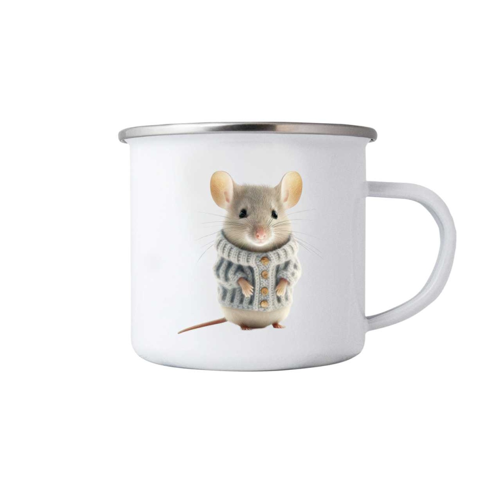 Bílý plechový hrnek 380ml s obrázkem - myš ve svetru