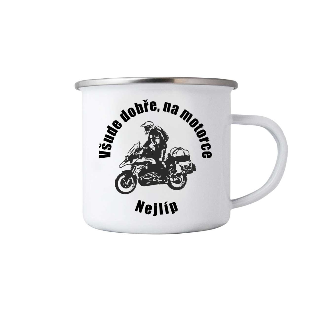 Bílý plechový hrnek 380ml s obrázkem - na motorce nejlíp