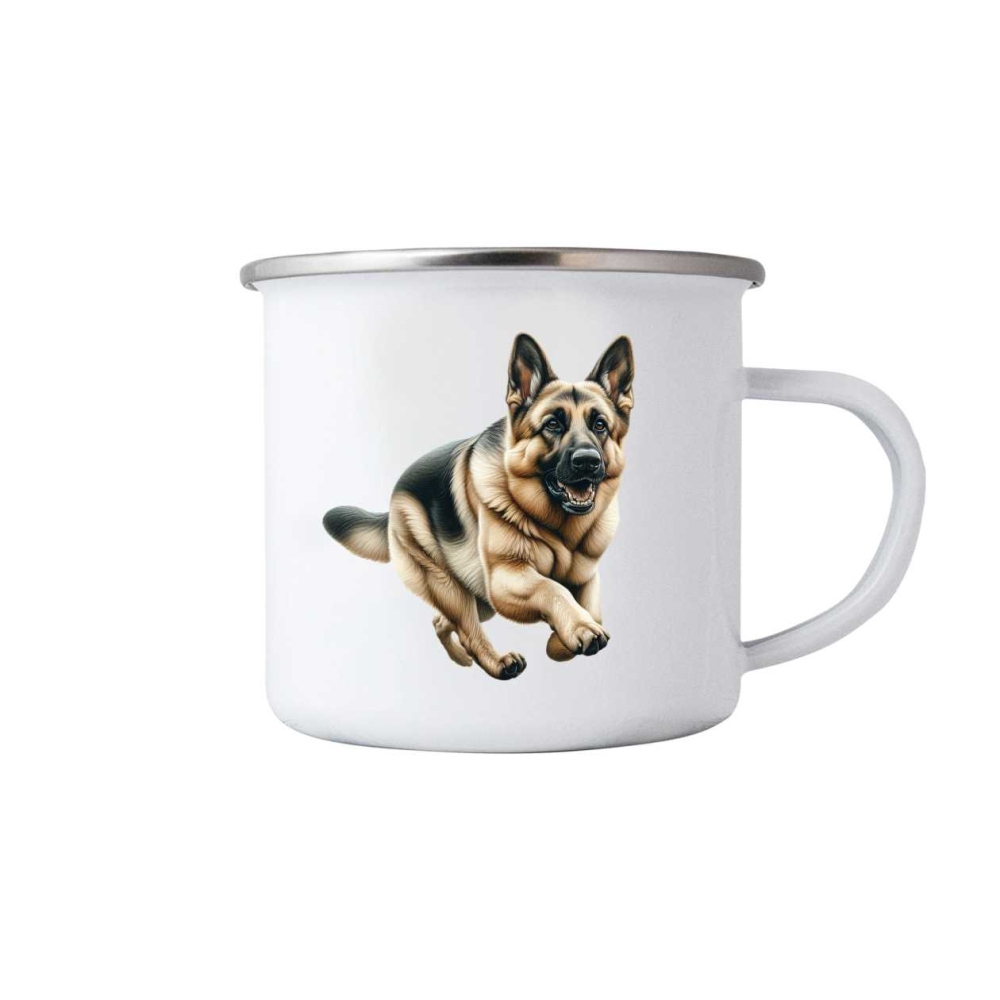 Bílý plechový hrnek 380ml s obrázkem - německý ovčák v pohybu