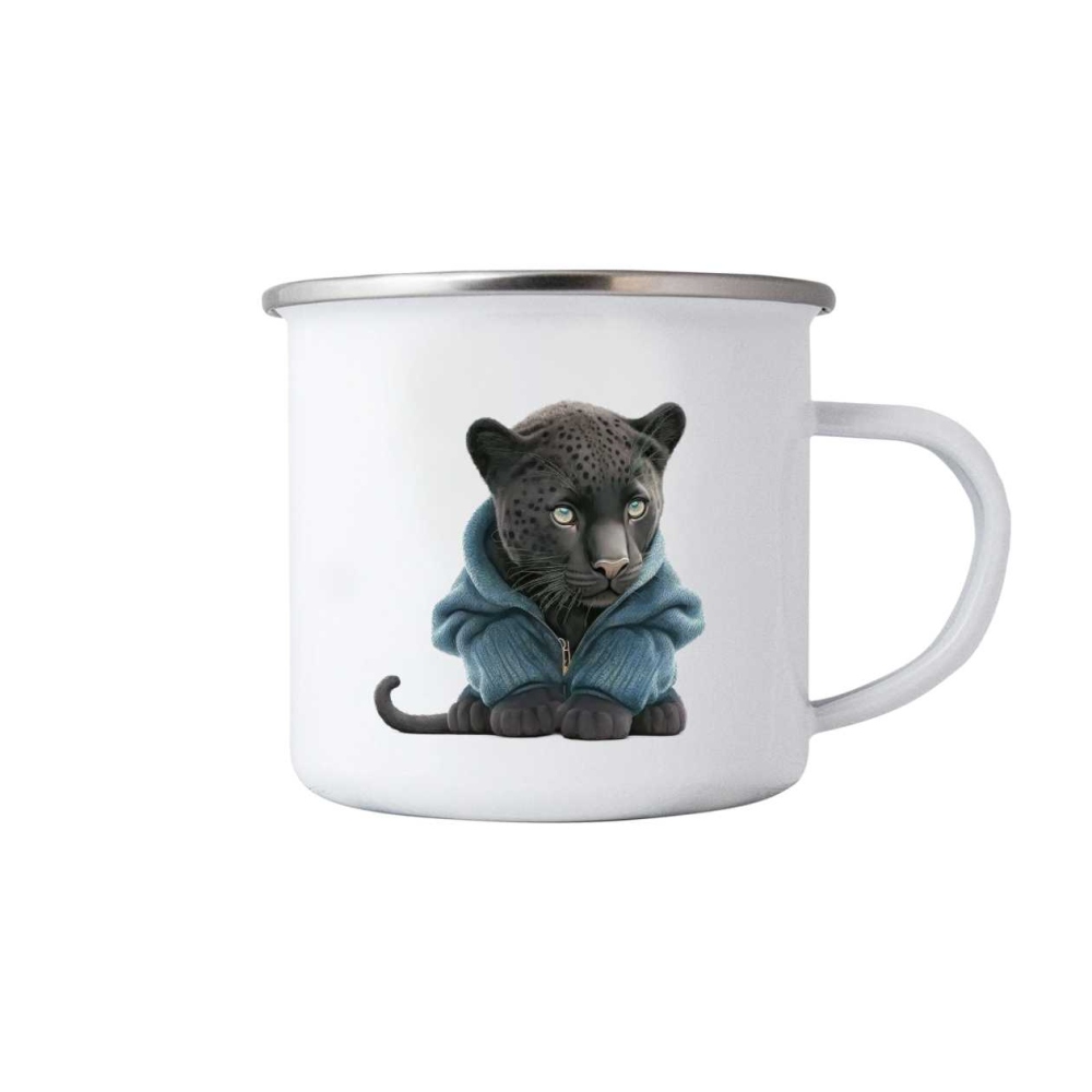 Bílý plechový hrnek 380ml s obrázkem - panter v mikině