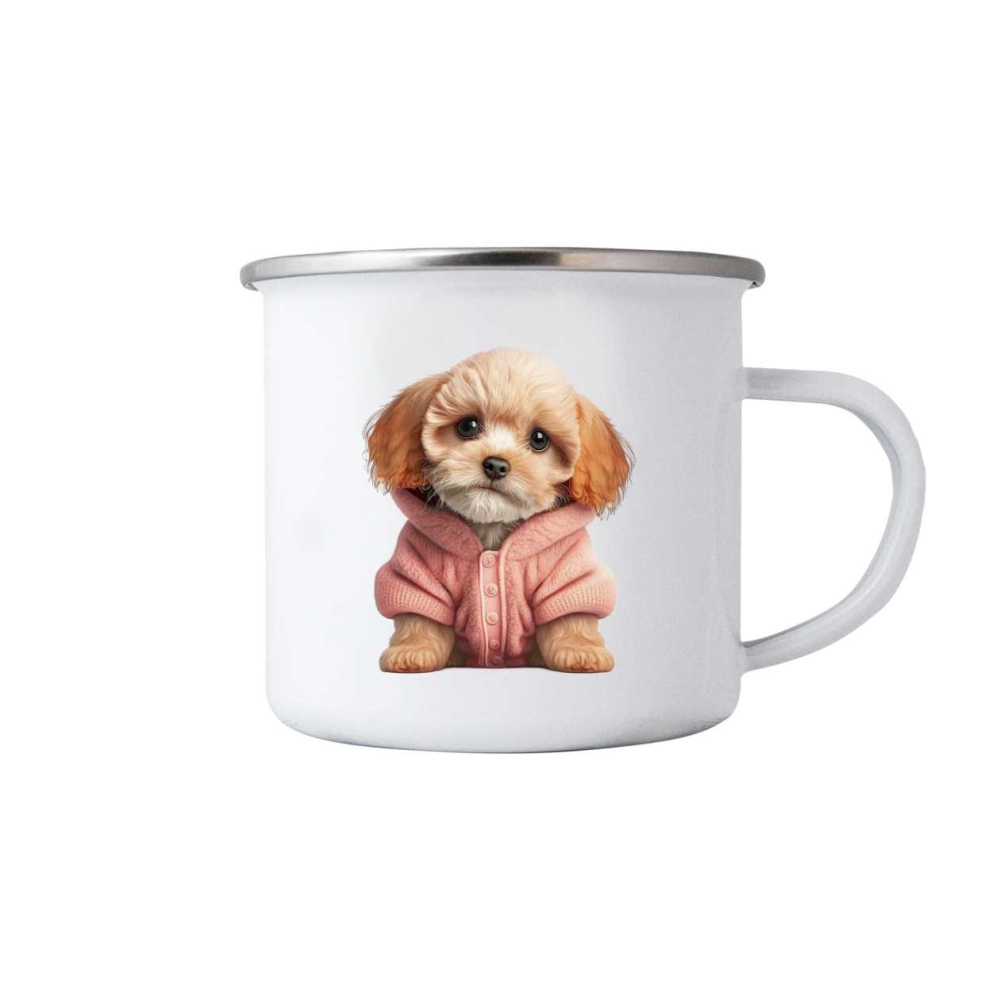 Bílý plechový hrnek 380ml s obrázkem - pejsek ve svetru