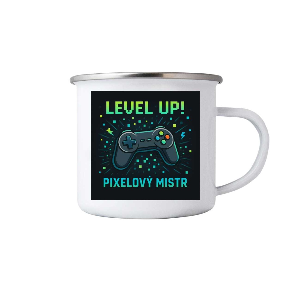 Bílý plechový hrnek 380ml s obrázkem - pixelový mistr
