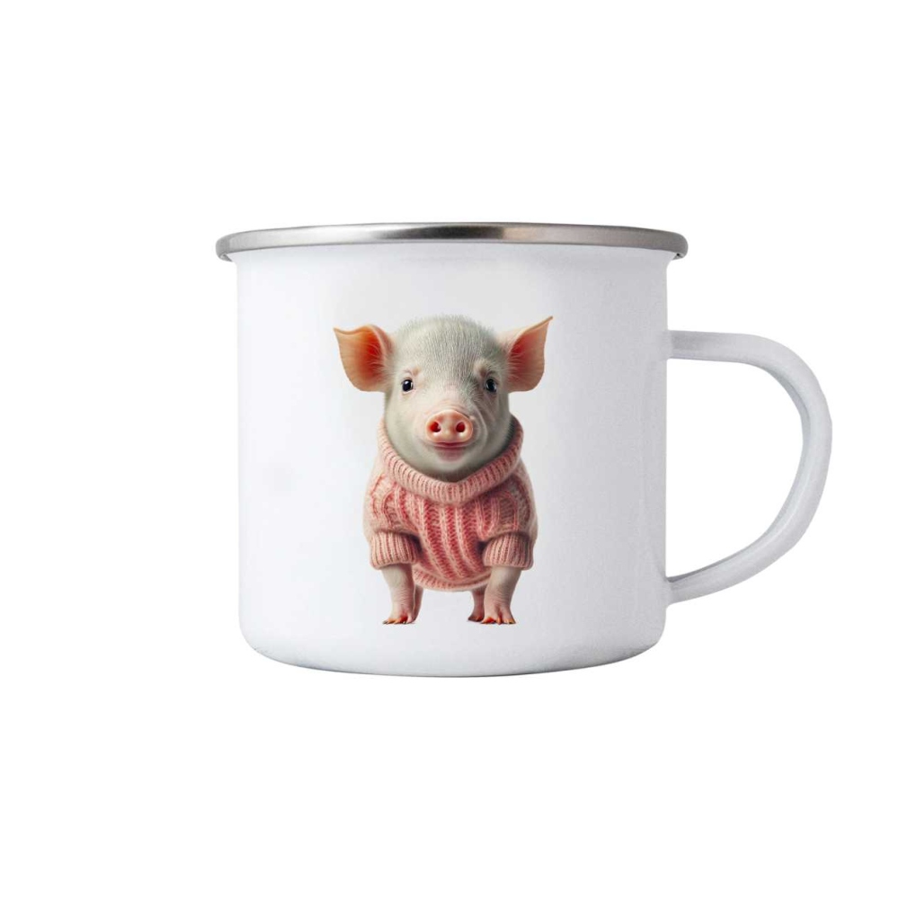 Bílý plechový hrnek 380ml s obrázkem - prasátko ve svetru
