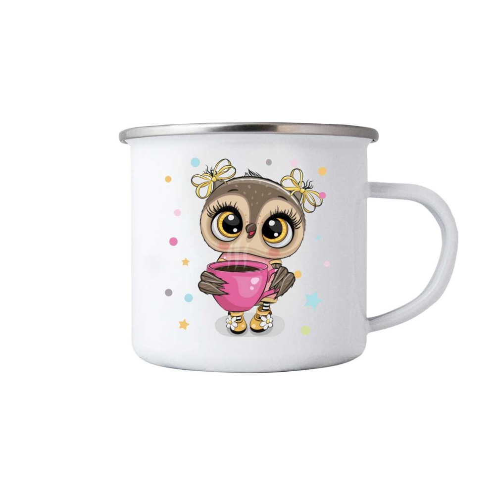 Bílý plechový hrnek 380ml s obrázkem - roztomilá sovička