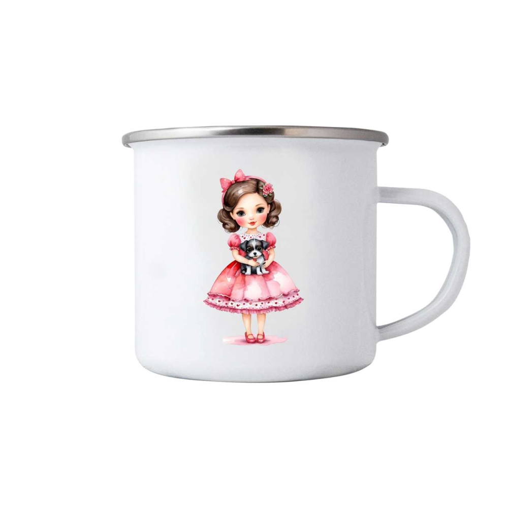 Bílý plechový hrnek 380ml s obrázkem - růžová dívka s pejskem