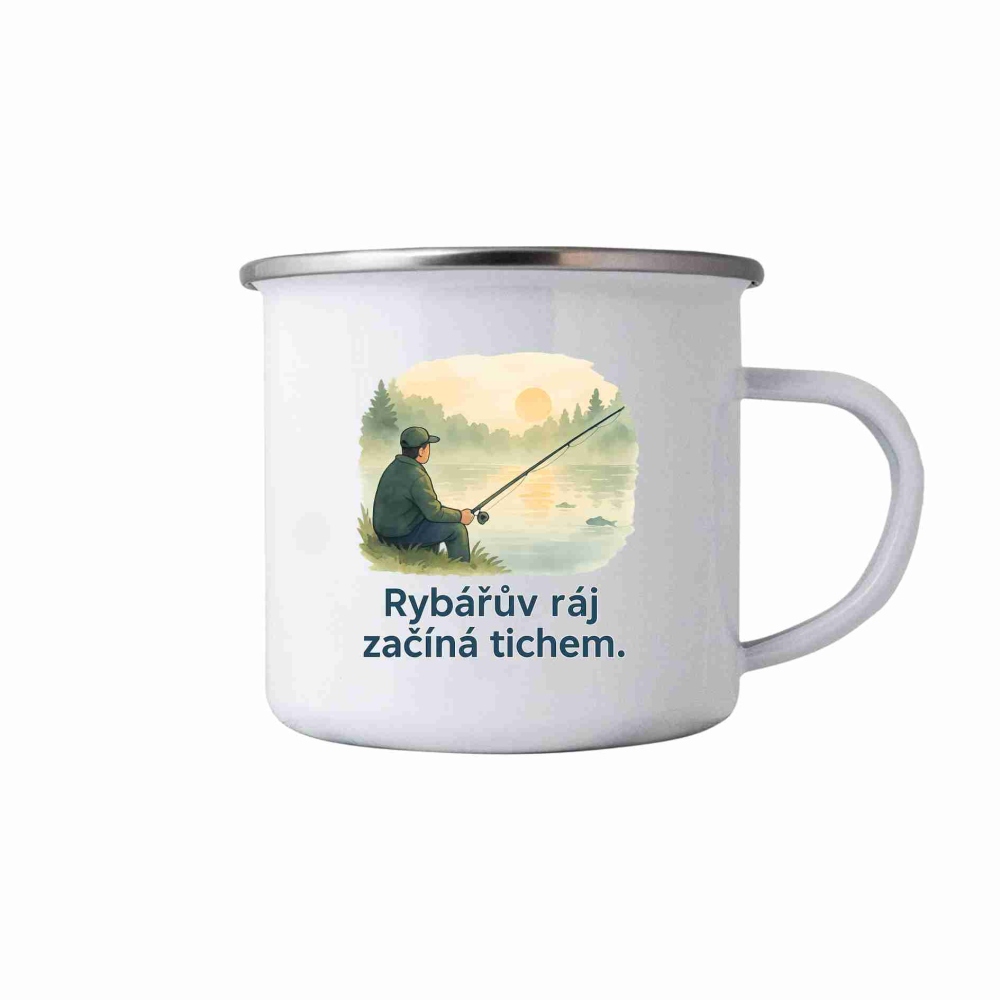 Bílý plechový hrnek 380ml s obrázkem - rybářův ráj