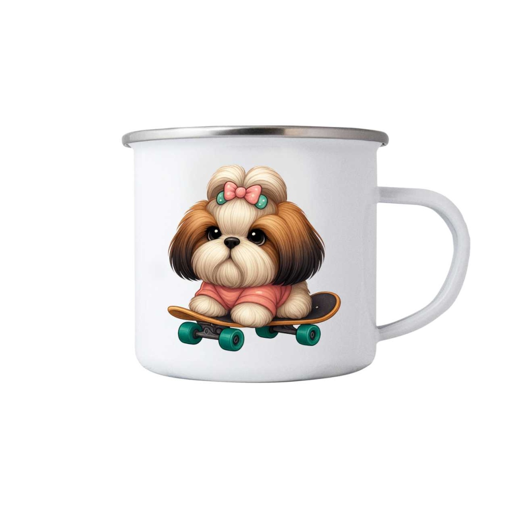 Bílý plechový hrnek 380ml s obrázkem - shih-tzu na skateboardu