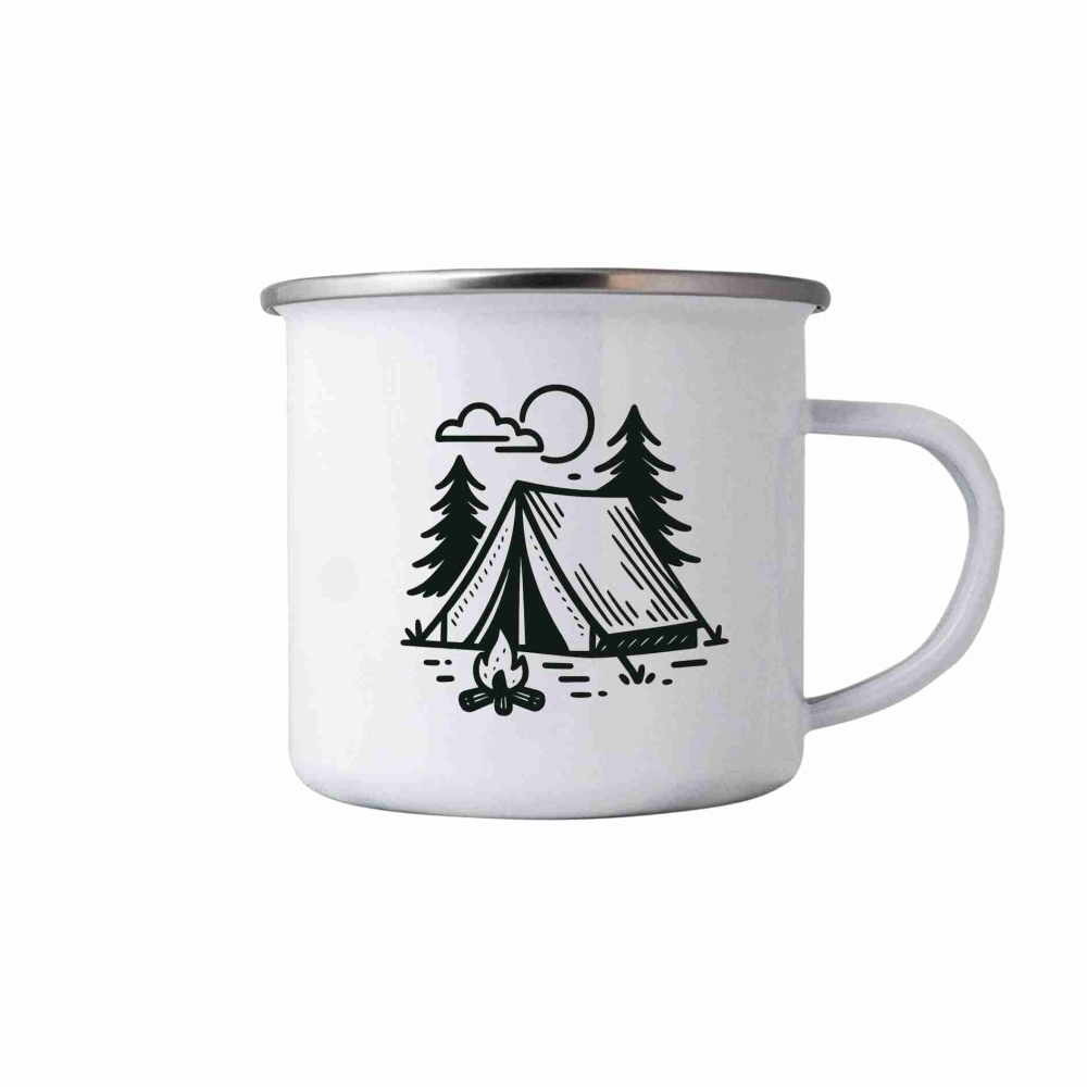 Bílý plechový hrnek 380ml s obrázkem - stanování