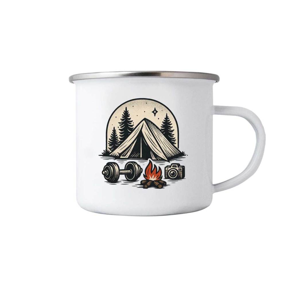 Bílý plechový hrnek 380ml s obrázkem - stanování a zájmy