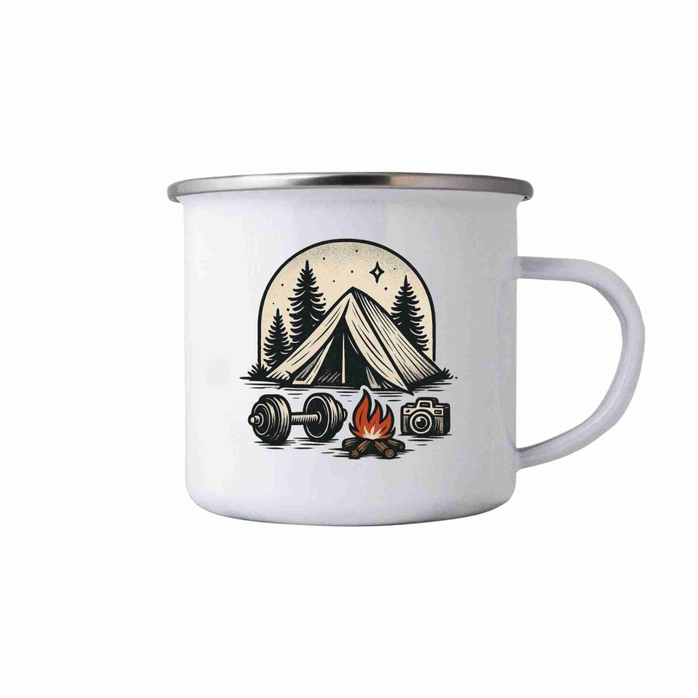 Bílý plechový hrnek 380ml s obrázkem - stanování a zájmy