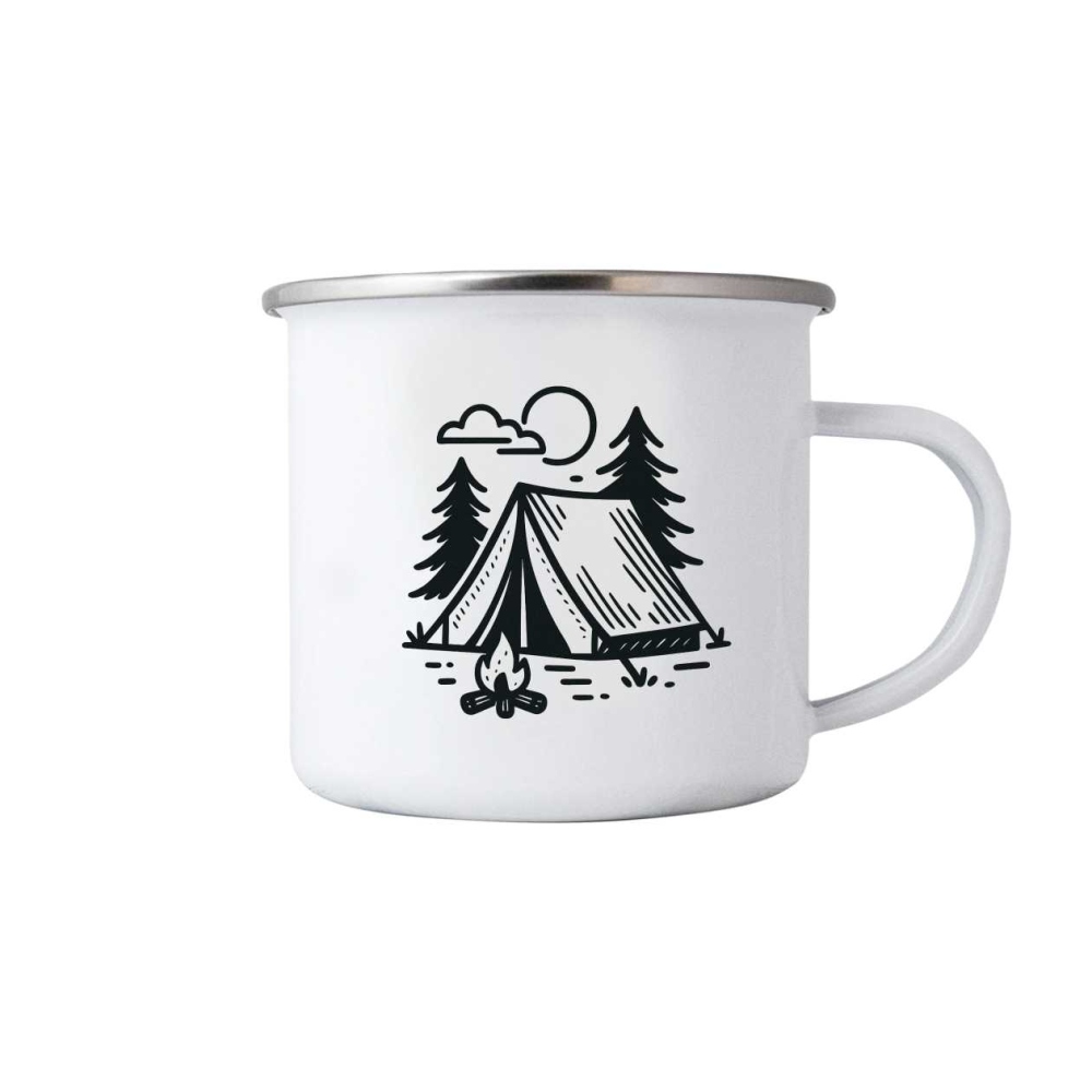 Bílý plechový hrnek 380ml s obrázkem - stanování