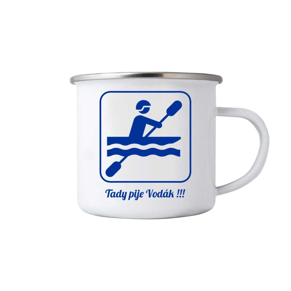 Bílý plechový hrnek 380ml s obrázkem - tady pije vodák 1