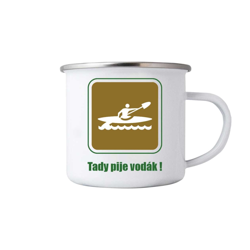 Bílý plechový hrnek 380ml s obrázkem - tady pije vodák 2