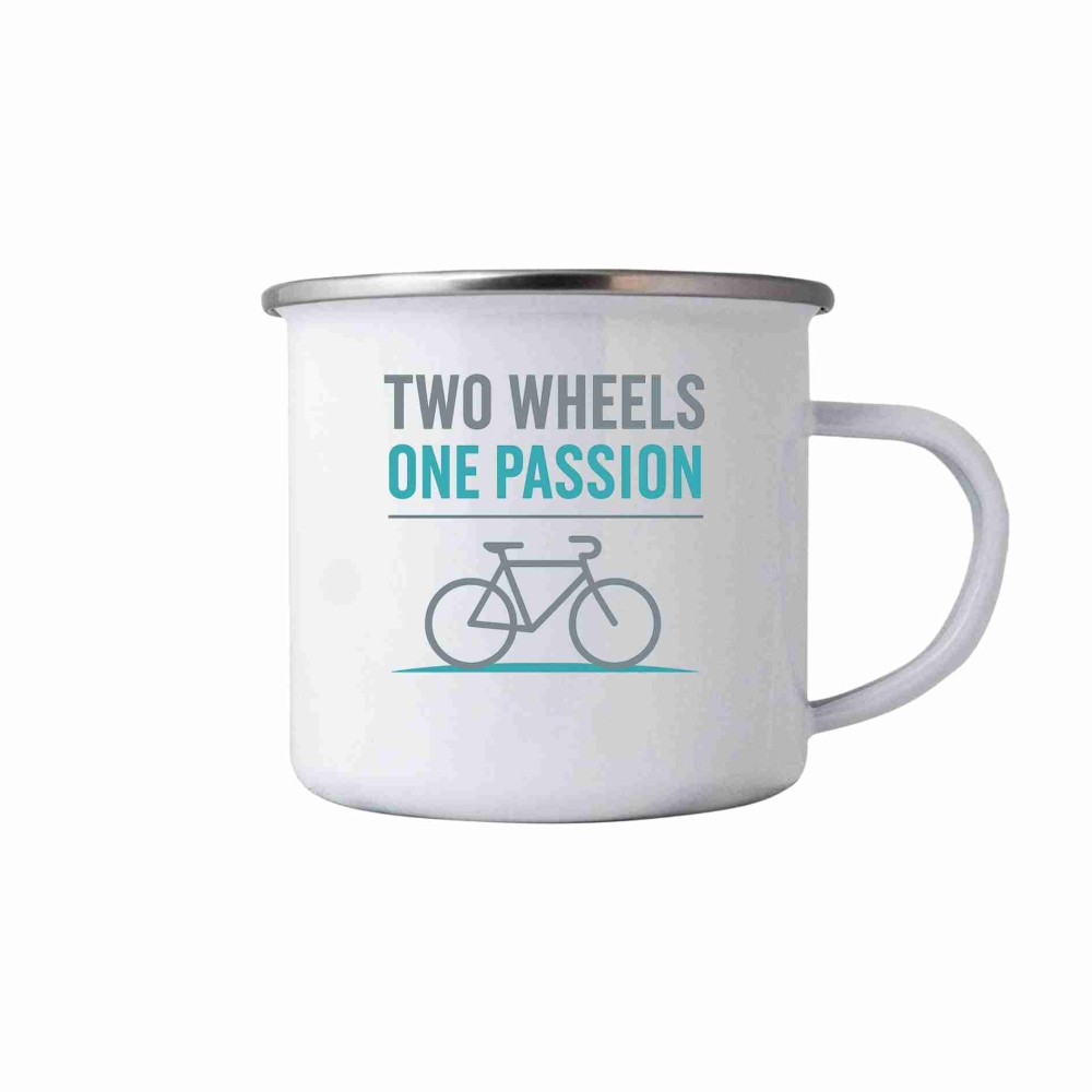 Bílý plechový hrnek 380ml s obrázkem - two wheels