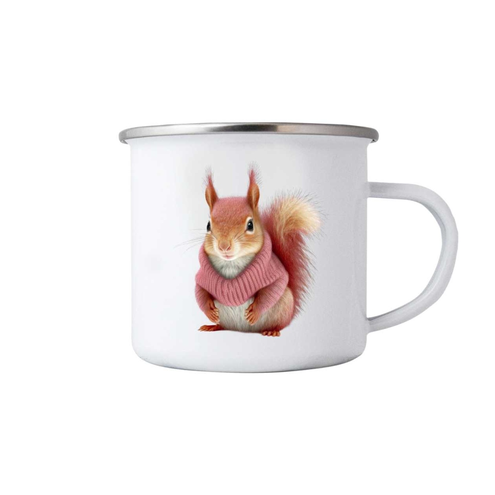 Bílý plechový hrnek 380ml s obrázkem - veverka ve svetru