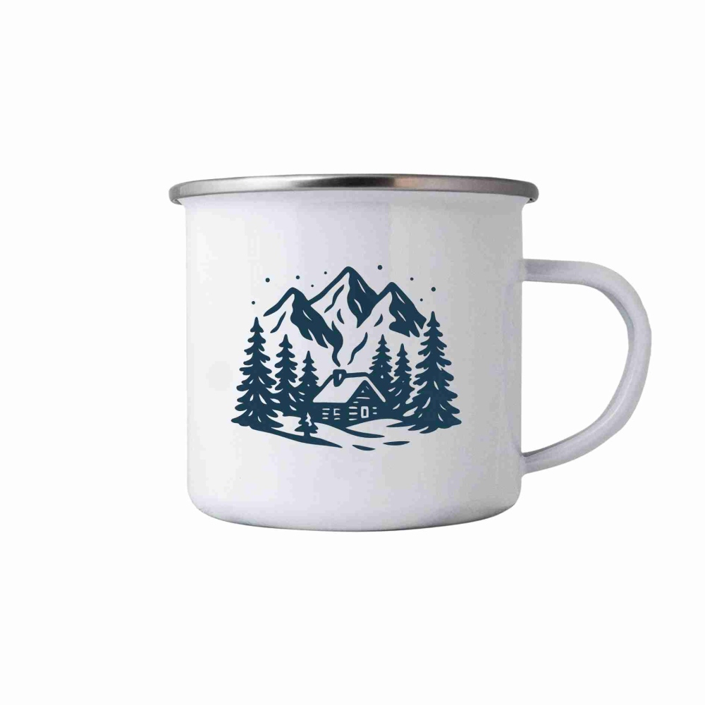 Bílý plechový hrnek 380ml s obrázkem - zasněžené údolí