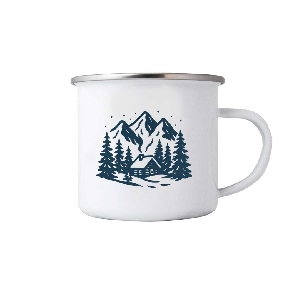 Bílý plechový hrnek 380ml s obrázkem - zasněžené údolí