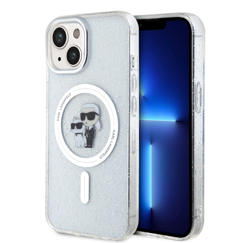 Karl Lagerfeld IML Glitter Karl and Choupette MagSafe Zadní Kryt pro iPhone 15 - průhledný