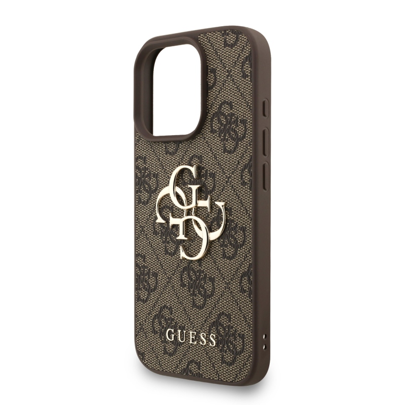 Guess PU 4G Metal Logo Strap Zadní Kryt pro iPhone 16 Pro Brown