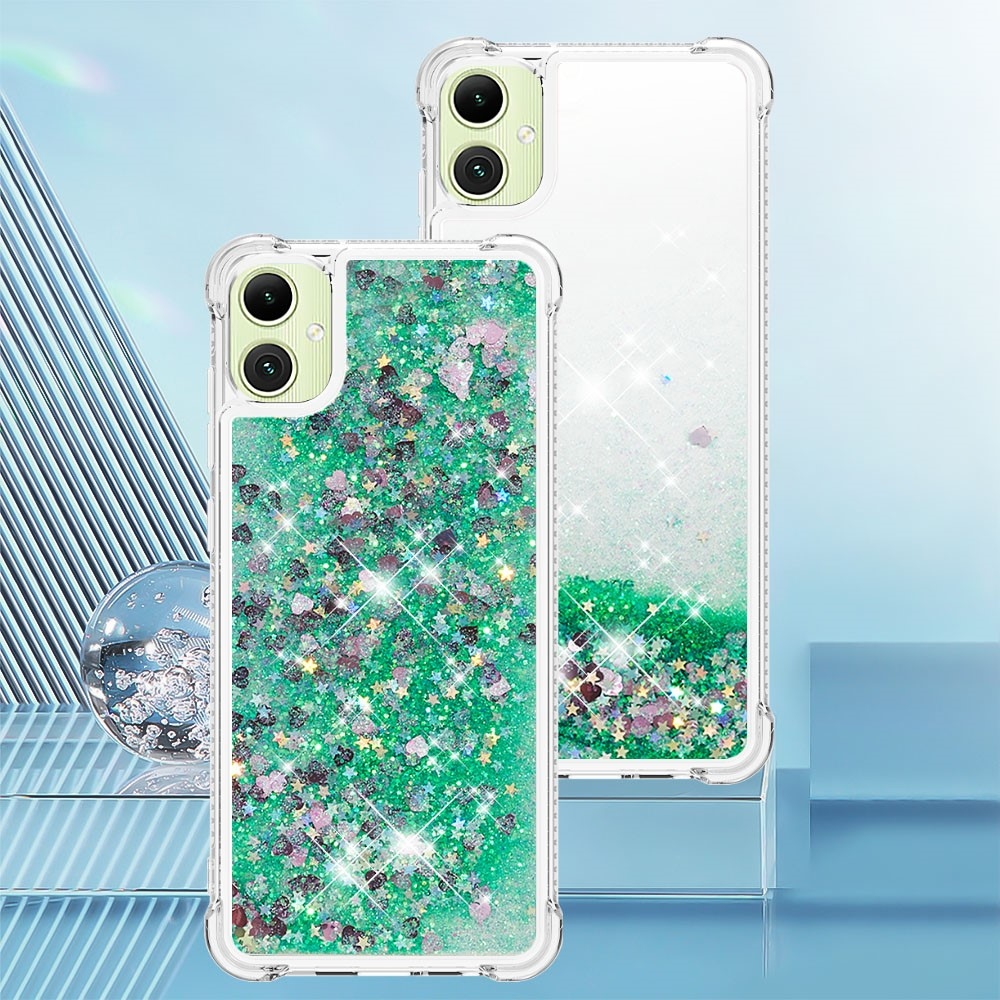 Glitter přesýpací gelový obal na Samsung Galaxy A06 4G - zelený/srdíčka