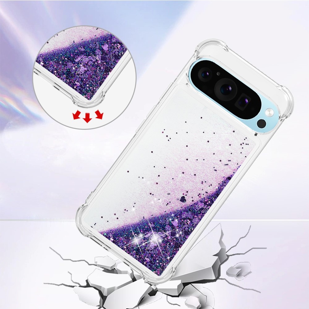 Glitter přesýpací gelový obal na Google Pixel 10 Pro/Pixel 10 - tmavěfialový/srdíčka