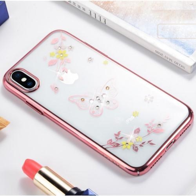 Brilliance plastový obal zdobený krystaly na iPhone X - růžovozlatý