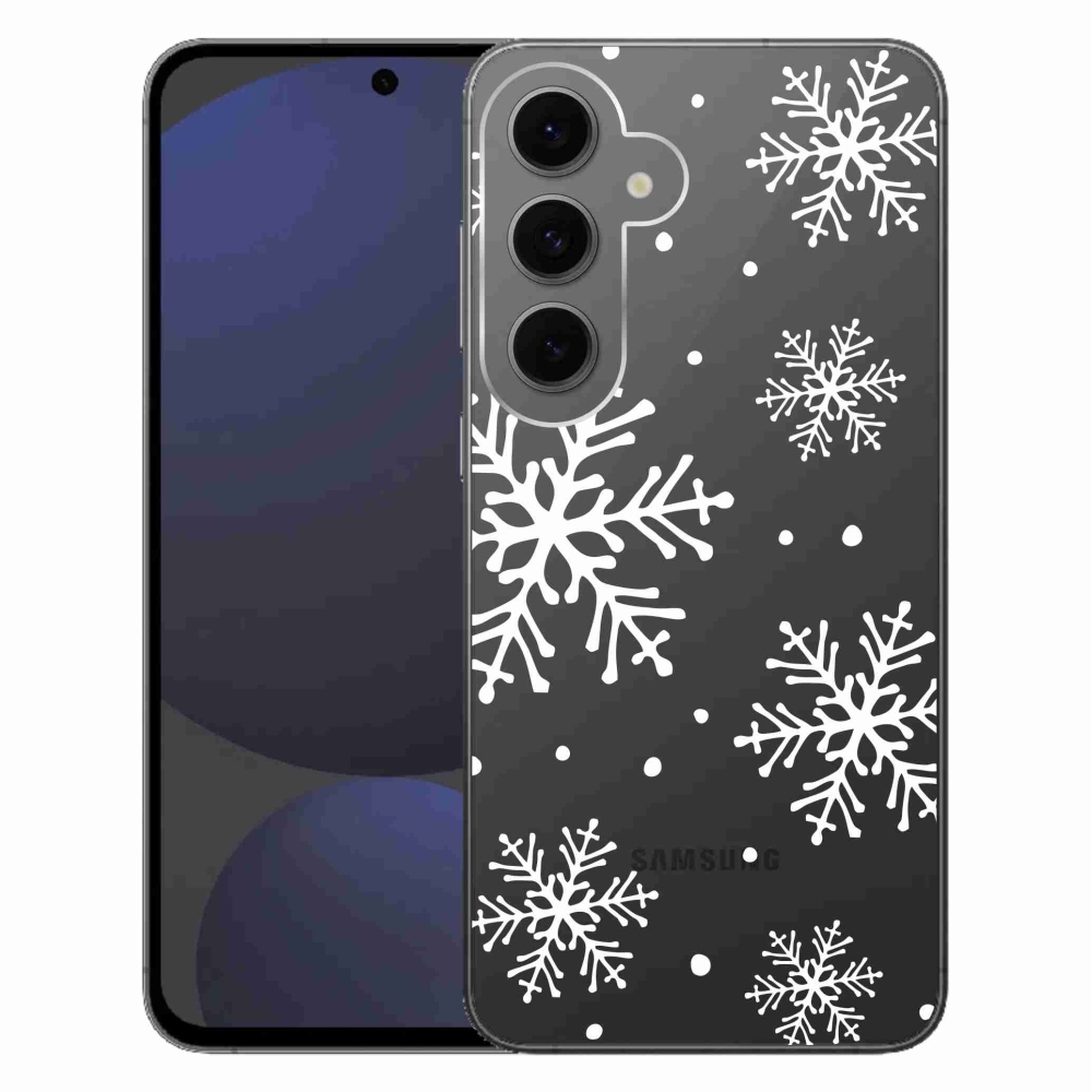 Gelový kryt mmCase na Samsung Galaxy S24 FE - bílé vločky na průhledném pozadí